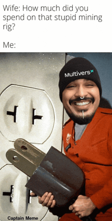 a man wearing a multivers hat is holding a shovel in front of a plug