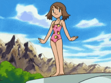 a cartoon girl in a pink swimsuit is standing on a ledge