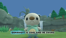 a cartoon otter is standing in front of a waterfall and says oswawott is cool and he swims underneath it