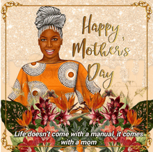 a happy mother 's day greeting card with a woman in an orange dress