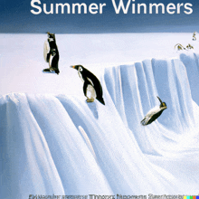 an advertisement for summer winners features penguins on a waterfall