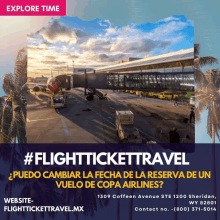 an advertisement for flight ticket travel shows an airport