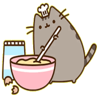 a cat with a chef 's hat is stirring a bowl of food