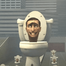 a man is sitting on a toilet with his head sticking out