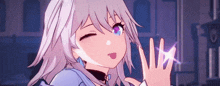 a close up of a anime girl with white hair and purple eyes holding a star in her hand .