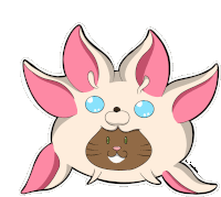 a cartoon drawing of a pink and white animal with a brown cat in its mouth