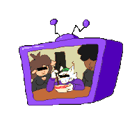 a cartoon of a cat eating a bowl of cereal in a purple tv