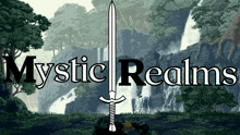 a logo for mystic realms with a sword in the middle