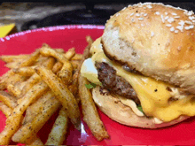 a red plate with a hamburger and french fries on it