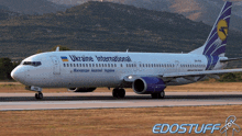 a ukraine international plane is on the runway with mountains in the background