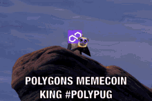 a pug wearing sunglasses and a purple square with a infinity symbol on it says polygons memecoin king #polypug