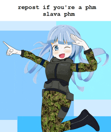 a drawing of a girl in a military uniform with the caption repost if you 're a phm