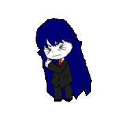 a cartoon character with long blue hair is wearing a black suit and tie