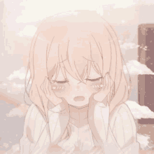 a drawing of a girl with her eyes closed and her hand on her face