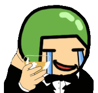 a cartoon character with a green helmet and a bow tie is holding a glass of whiskey .