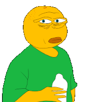 a cartoon character has a yellow face and a green shirt