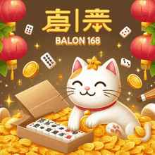 a cat laying on a pile of gold coins with a box of mahjong