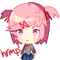 a drawing of a girl with pink hair and the word hrmp written below her