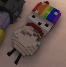 a minecraft character with a rainbow hat is laying down