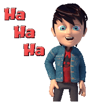 a cartoon character with a skull shirt and a denim jacket says ha ha ha ha