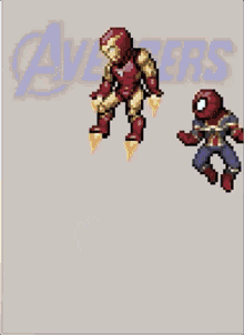 a pixel art of a group of avengers including iron man and spider man