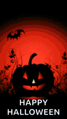 a happy halloween poster with a pumpkin and bats in the background