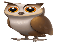 a cartoon owl with big orange eyes and a broken beak