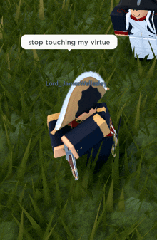 a video game character says " stop touching my virtue " while laying in the grass