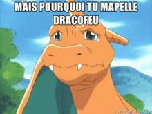 a cartoon of a dragon with a caption that says mais pourquoi tu ma pelle dracofeu .