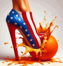 a woman 's foot wearing a red white and blue high heeled shoe splashing orange juice