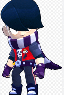 a cartoon character is wearing a purple scarf and a red shirt