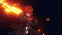 a man with red hair is holding a sword with fire coming out of it in a video game .