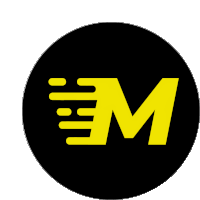 a black circle with a yellow letter m in the center