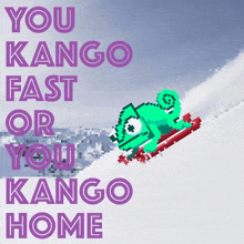 a chameleon riding a sled down a snowy hill with the words " you kango fast or you kango home " below it