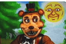 a cartoon of a teddy bear wearing a top hat and bow tie standing in front of a smiling sun .