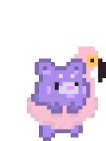 a pixel art drawing of a purple teddy bear and a flamingo