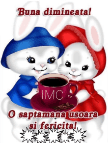 a couple of bunny rabbits holding a cup of coffee with imc written on the cup