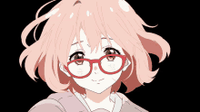 a girl with pink hair and red glasses looks at the camera