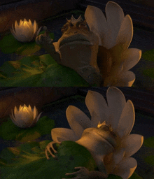 a frog with a crown on its head is laying on a lily pad