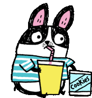 a cartoon of a dog drinking from a straw next to a box of cookies