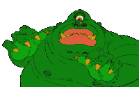 a cartoon drawing of a green monster with a large mouth