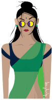 a drawing of a woman wearing sunglasses and a green and blue top