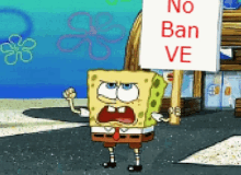 a cartoon character holding a sign that says " no ban ve "