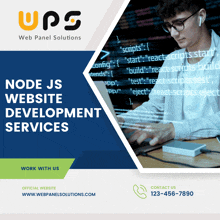 an advertisement for node js website development services shows a man working on a laptop