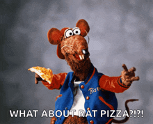 a stuffed rat wearing a rizzo jacket is holding a pizza