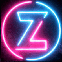 a pink and blue neon sign with the letter z in the center