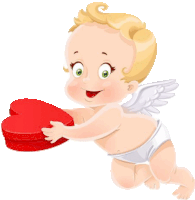 a cartoon cupid is holding a red heart shaped box