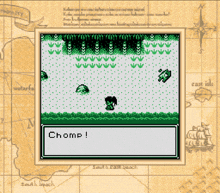 a screen shot of a video game that says " chomp " on it