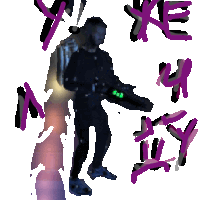 a drawing of a man holding a gun with purple letters y and e around him