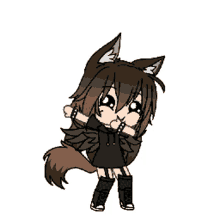 a cartoon girl with a wolf 's tail and ears is wearing a black hoodie and black boots .